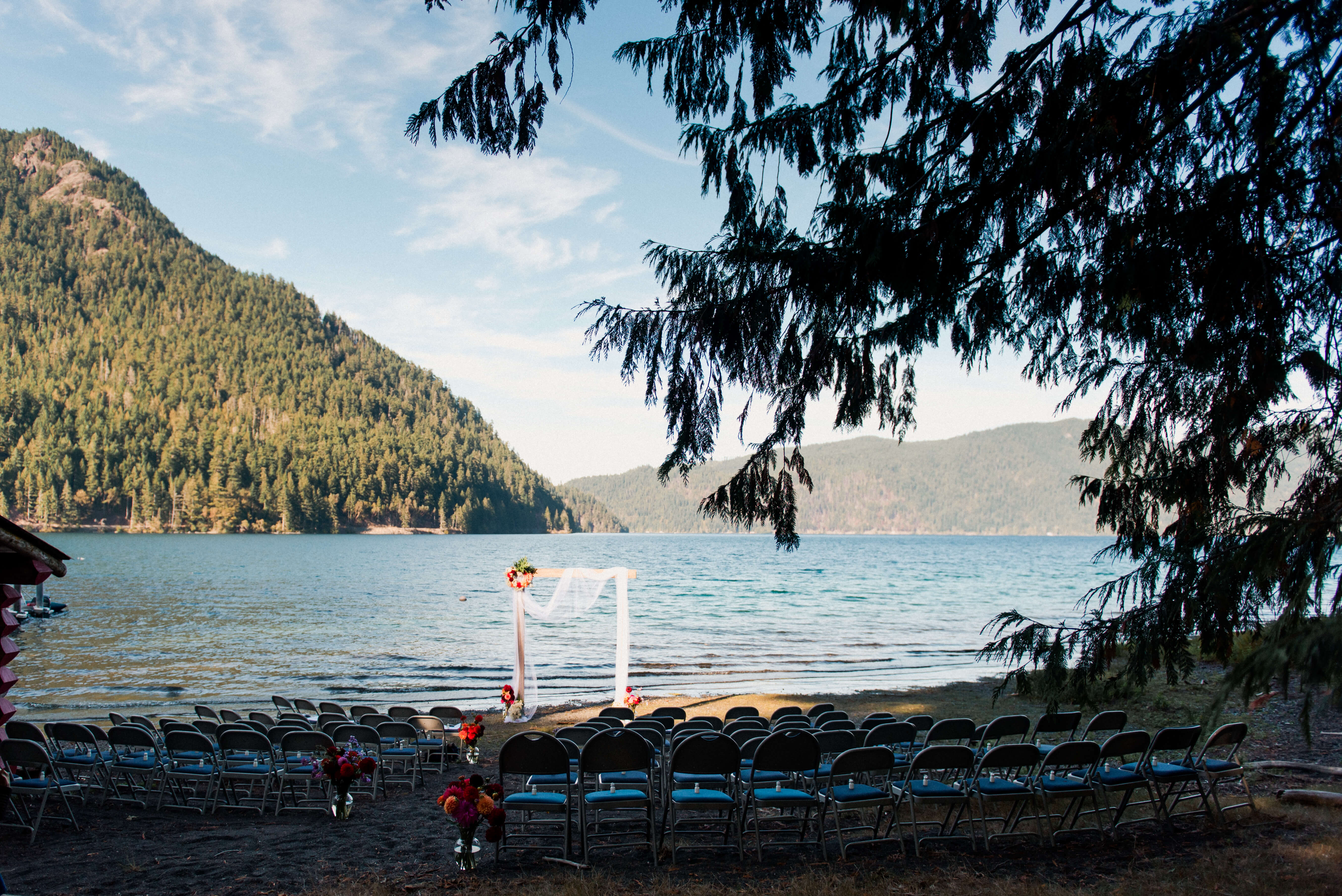 Shoreline of Lake Crescent set up for ceremony